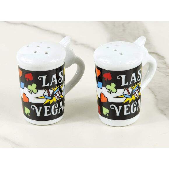 Salt & Pepper Shakers Las Vegas Souvenir 80s Porcelain 2 1/4" Cards Dice Design - Picture 8 of 12